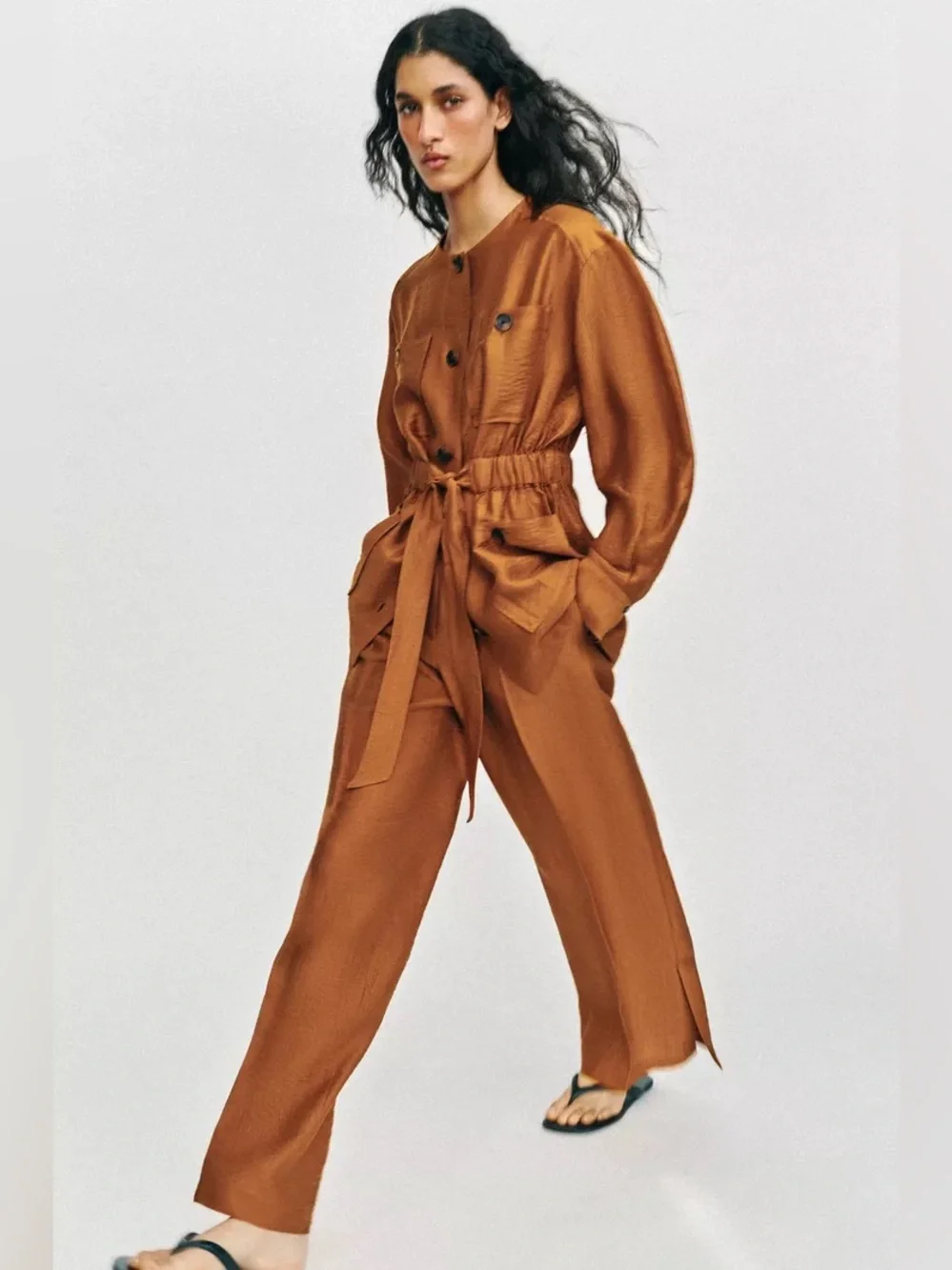 Zara Wide-Leg Paperbag Trousers/ pants Linen blended  in Warm Rust. POP